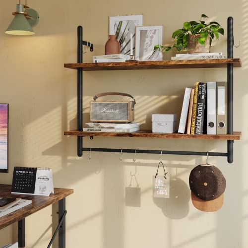 Wall Shelf with Towel Bar - Rustic Brown 31.5 Inch Industrial Pipe Shelf