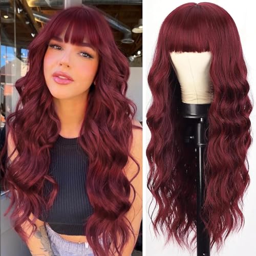 Long Wigs for Women - 24 Inch Wavy Wig with Bangs - Wine Red