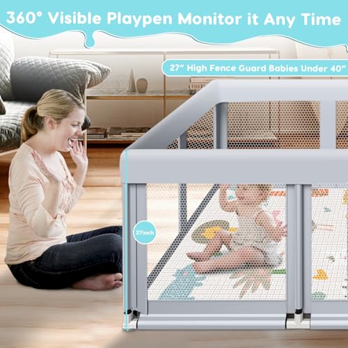 Fshibila 74x50 Inch Baby Playpen with Soft Mesh & Mat - Indoor & Outdoor Safety Play Yard, Grey