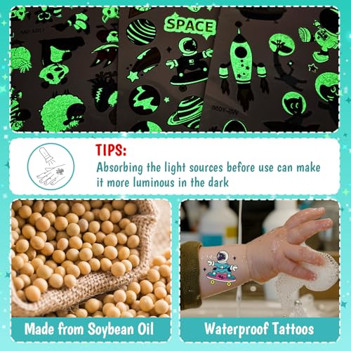 Partywind 380 Styles (30 Sheets) Luminous Tattoos for Kids, Mixed Styles Temporary Tattoos Stickers with Mermaid/Dinosaur/Space/Pirate for Boys and Girls, Glow Party Supplies