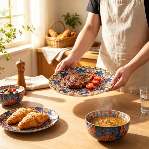 12-Piece Bohemian Ceramic Dinnerware Set for 4 with Colorful Plates & Bowls