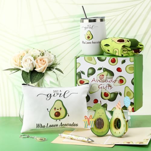 6 Pcs Funny Gift Baskets for Women Girls Pickle Avocado Socks with Vegetable Animals Makeup Bag Insulated Tumbler Keychain Greeting Card Pen for Christmas Birthday Party(Avocados)