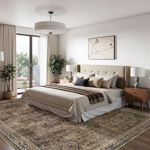Large Washable Area Rug 8x10 Brown Faux Wool Vintage Print Non-Slip Backing