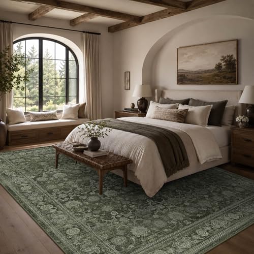 Green 8x10 Washable Boho Area Rug - Farmhouse Vintage Style for Living Room