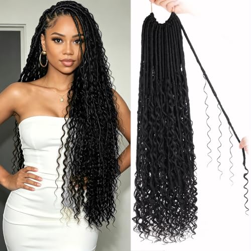 ZRQ 30 Inch Boho Faux Locs Crochet Hair - 9 Packs #1B, Natural Synthetic Goddess Locs