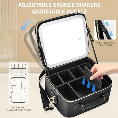 Travel Makeup Bag with LED Mirror, Portable Cosmetic Case Organizer with Lighted Mirror, Waterproof Makeup Case for Cosmetic Brush Holder Storage, Black Toiletry Bag for Women Gift