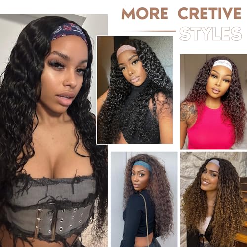 PREMPO Black 1B Curly Headband Wig 20 Inch Glueless Water Wave Synthetic Hair