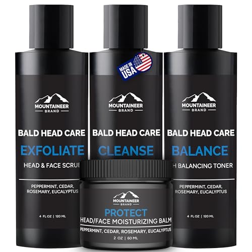 Mountaineer Brand Bald Head Care Gifts For Bald Men | All Natural 4 Step Daily Skin Care for Healthy Scalp & Face | Exfoliate Scrub | Cleanse Wash | Shine Away PH Balance | Protect Moisturizing Balm