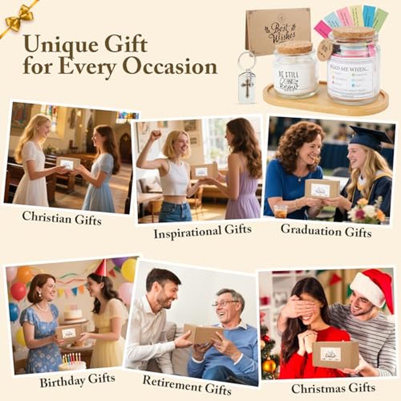 Christian Gifts for Women Men Faith Based Present Unique Inspirational Religious Gift Set for Mom Sister Aunt Birthday Baptism Christmas Gift with Bible Verse Jar Scented Candle Keychain