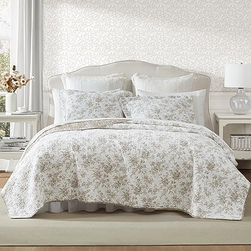 Queen Quilt Set with Matching Shams - Reversible Floral Cotton Bedding - Walled Garden Brown