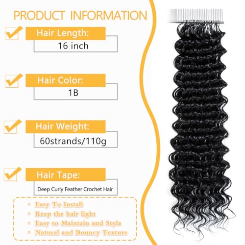 Deep Wave Crochet Hair 16 Inch 60 Roots - Black Feather Crochet Extensions