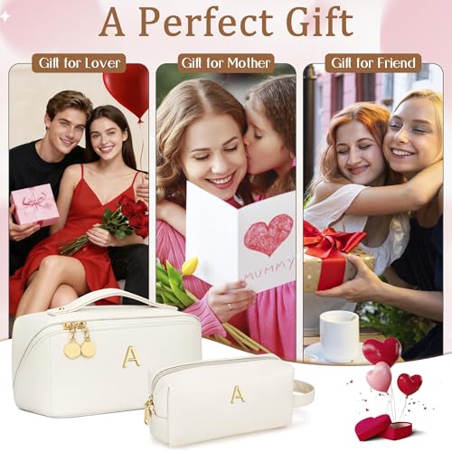 KKXIU Initial Makeup Bag for Women - Personalized Beige Gift