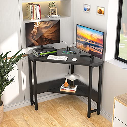 Black Corner Desk with Outlets and USB Ports - Small Space Triangle Table with Storage