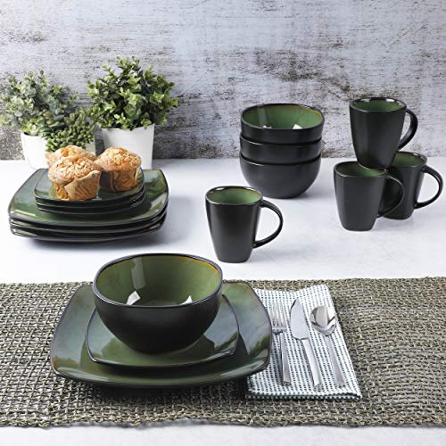 Gibson Soho Lounge 16-Piece Dinnerware Set for 4, Green - Modern Square Stoneware