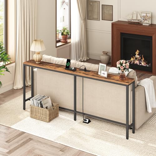 MAHANCRIS Rustic Brown 70.9" Console Table with Charging Station, Slim Entryway Sofa Table with Power Outlets