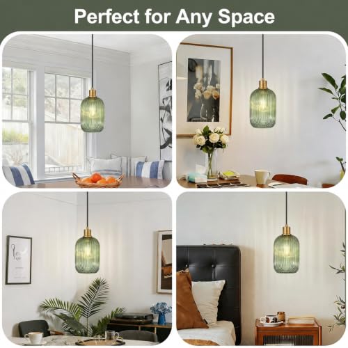 Vintage Green Ribbed Glass Pendant Light with Adjustable Brass Fixture for Kitchen Island