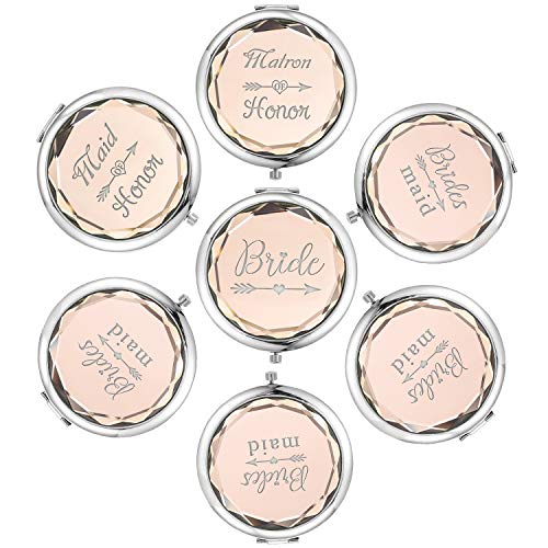 Pack of 7 Compact Pocket Makeup Mirrors Set Include 1 Bride Mirror 1 Maid of Honor Mirror 1 Matron of Honor Mirror and 4 Bridesmaid Mirrors Wedding Bridesmaid Proposal Gifts (Champagne)