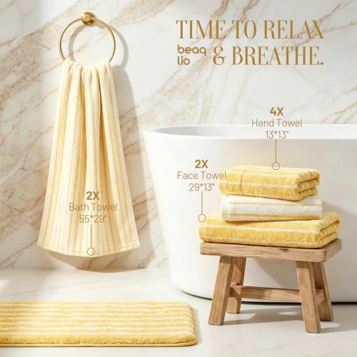 Yellow Cotton Bath Towels Set 8 Pieces - Striped, Soft & Absorbent