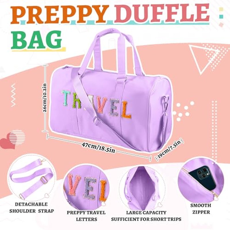 2 Pcs Travel Preppy Duffle Bag and Chenille Letter Makeup Pouch Cosmetic Zipper Patch Weekender Carry on Tote Bag for Women(Light Purple)