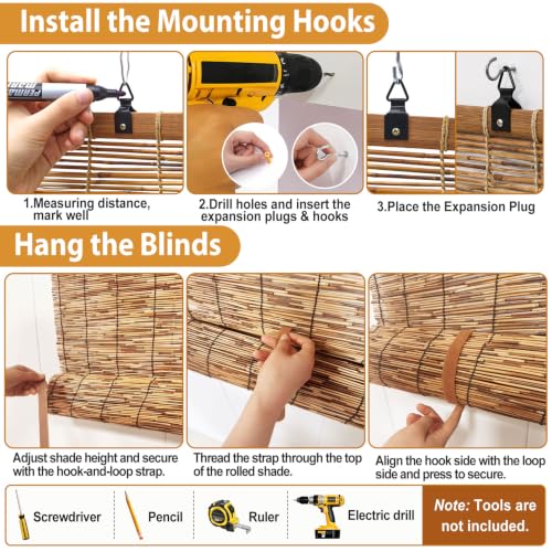 Outdoor Bamboo Shades 3 Pack - 48x72 Inches Carbon Brown, Natural Reed Material, Privacy & Light Control