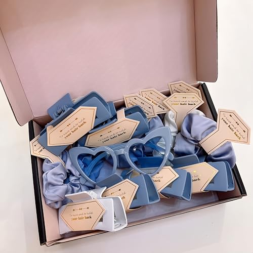 White & Dusty Blue Headband 32pcs - Bridesmaid Scrunchies, Hair Clips & Sunglasses Set for Wedding & Bachelorette Favors