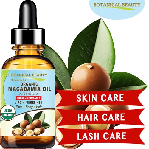 Botanical Beauty Organic MACADAMIA OIL 100% Pure Natural VIRGIN UNREFINED Cold-Pressed Carrier Oil for Face, Skin, Body, Hair, Lip, Nails. Rich in Vitamin E (1 Fl Oz)
