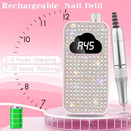 Professional Electric Nail Drill Machine, 45000RPM Nail File Acrylic Nail Kit with 6 Nail Drill Bits, Cordless E-File Nail Kits for Acrylic Nails Gel Polishing for Manicure Salon Home