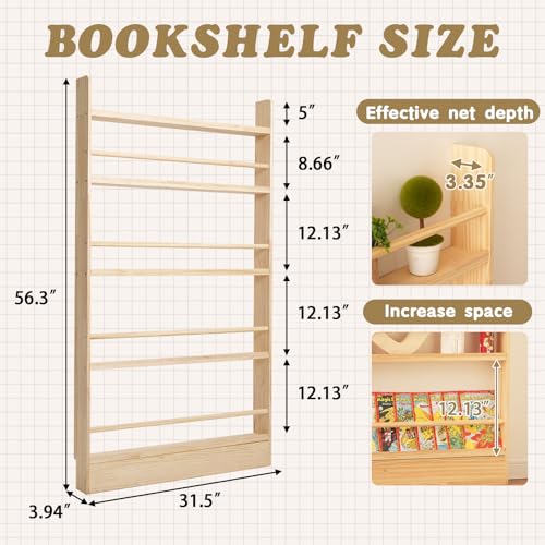 Wood 5-Tier Behind The Door Bookshelf - Natural Finish, Farmhouse Style