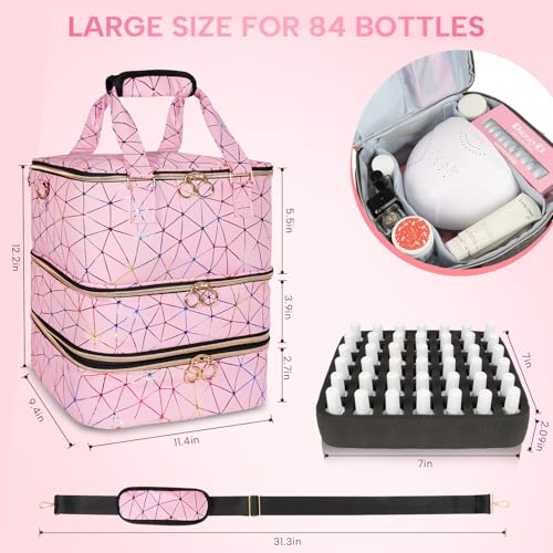Nail Polish Organizer Bag Holds 84 Bottles & Nail Lamp, 3 Layers Nail Kit Storage Carrying Case Pu Leather, Large Nail Supplies Organizer With Shoulder Strap, Portable Travel Nail Bag,Pink