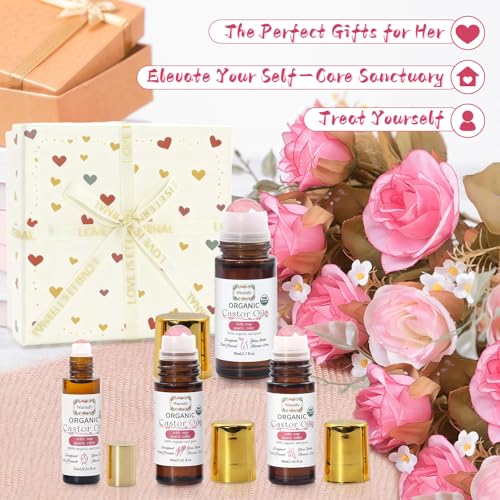 Castor Oil with Rose Quartz Roll-On 4 Pack for Face Body Hands Feet - Organic Moisturizer & Relaxation Set (1.06 Fl Oz Each)