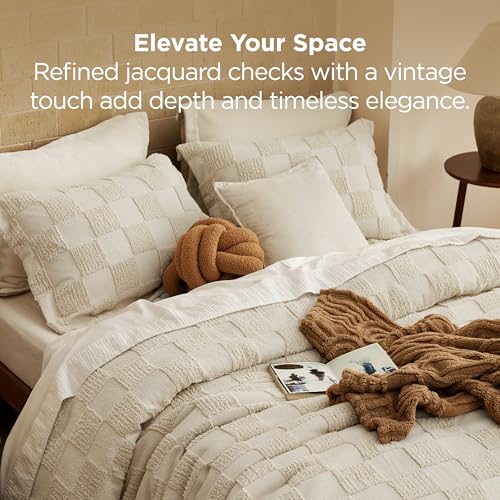 California King Comforter Set - Beige Plaid Boho Bedding with Tufted Checkboard Pattern, 3 Pieces
