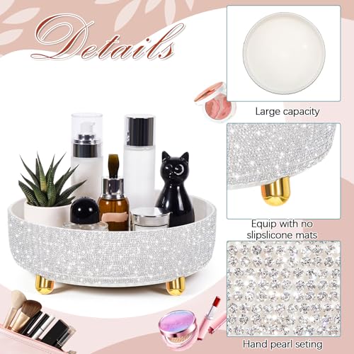 Honeydak 1 Tier Rotating Perfume Organizer Tray with Rhinestones - White