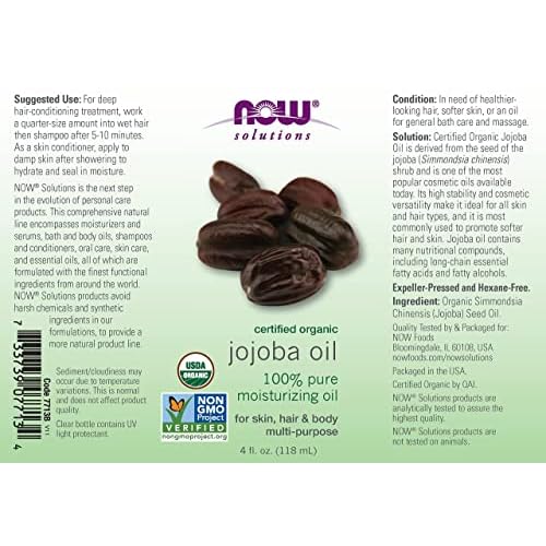 NOW Foods Solutions Certified Organic Jojoba Oil, 4 oz Liquid