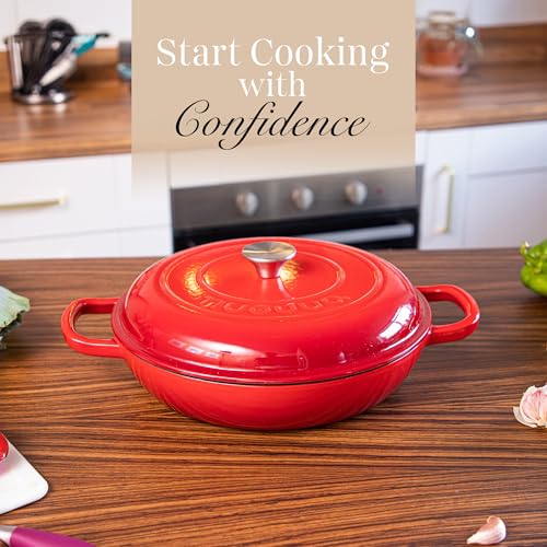 Red 5-Quart Shallow Cast Iron Enamelled Dutch Oven with Lid - Sturdy Ovenproof Cookware