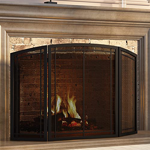 FireBeauty 3‑Panel Wrought Iron Fireplace Screen 48x30 Inch Black Guard