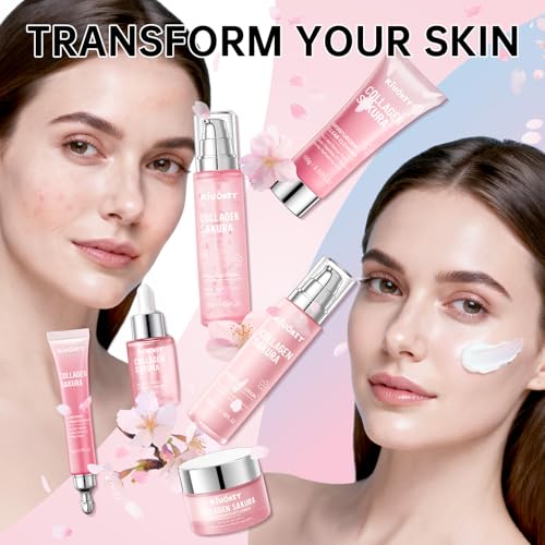 6Pcs Sakura Skin Care Set - Cherry Blossom Face Cleanser, Serum, Toner, Lotion, Eye & Face Cream