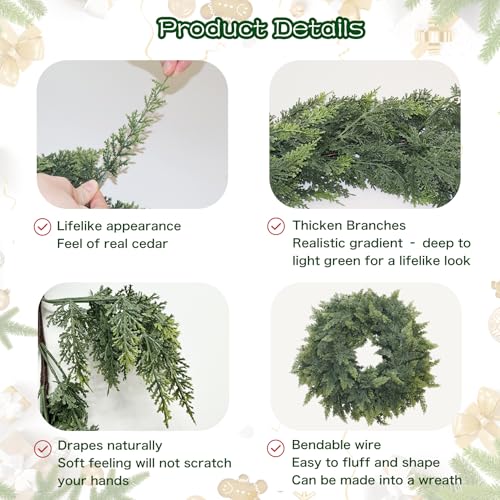 Senjie 9FT 2-Pack Christmas Cedar Garland Real Touch Greenery for Mantle Decor