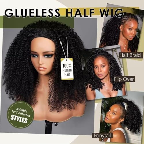 XNAIRA 18 Inch Natural Black Human Hair Half Wig 3-in-1 Seamless Flip Over, Glueless Headband Style