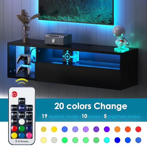 Floating TV Stand with LED Lights - 39.3 Inch Black Wall Mount Entertainment Center