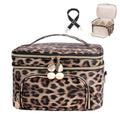 FITINI Double Layer Travel Makeup Bag - Waterproof Cosmetic Organizer with Shoulder Strap, Extra Large Brown Leopard