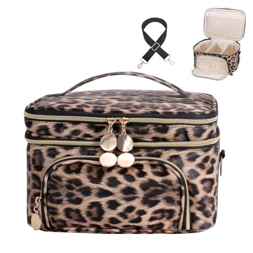FITINI Double Layer Travel Makeup Bag - Waterproof Cosmetic Organizer with Shoulder Strap, Extra Large Brown Leopard