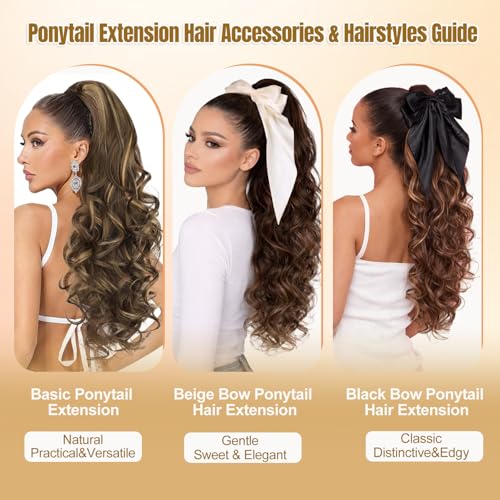 24-Inch Black Ponytail Extension with Detachable Bow Claw Clip Hair Extension