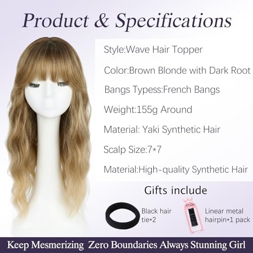 Kmzbasg 20in Blonde Brown Hair Topper with Dark Roots & French Bangs - 360 3D Clip-In for Thinning Hair