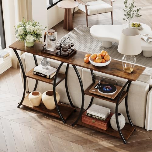 Rustic Brown 3-Tier Console Table with Open Shelves - Narrow Entryway Sofa Foyer