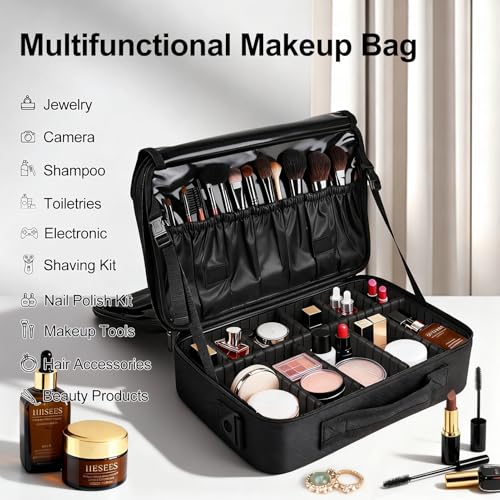 Greenfeather Black Medium Travel Makeup Case with Adjustable Dividers & Shoulder Strap