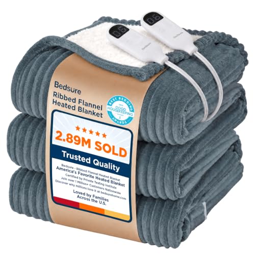 Bedsure Grey Queen Ribbed Electric Blanket with Preheat — 6 Heat Levels, 8-Hour Auto Shut-Off