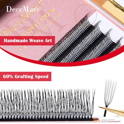 DeceMars 10D U Shaped Eyelash Extensions Easy Fans Double Tips 5D Russian Volume Crisscross Eyelashes Natural Soft YY Lash Extensions Handwoven Mesh Wispy Clusters Matte Black-0.07mm-D-8-15mm Mix