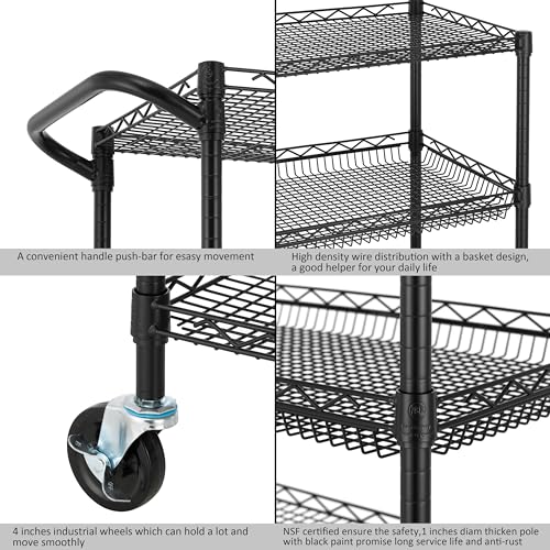 Heavy Duty 3-Tier Utility Cart - 36L x 18W x 35.4H Steel Wire Rolling Cart with Handle, Black