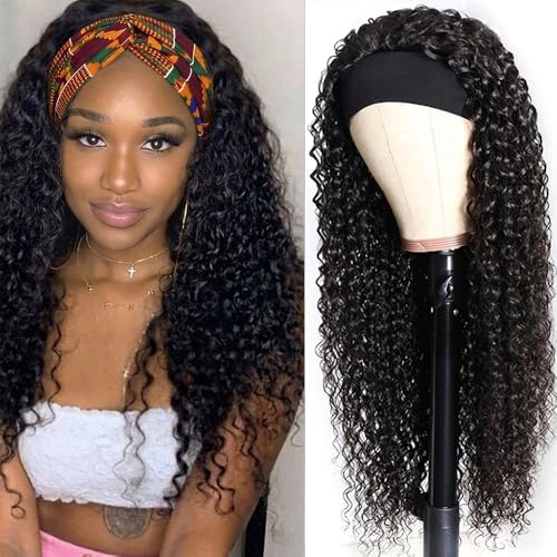 Deep Wave Headband Wig 18 Inch Human Hair Curly No Lace Glueless for Black Women - Natural Color