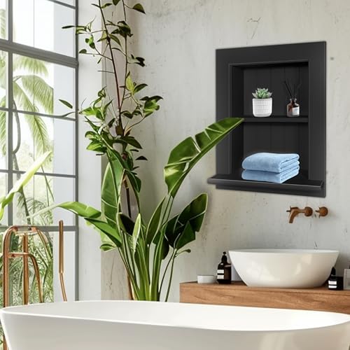 Recessed Medicine Cabinet Wall Mount 14x18 Inch 2-Tier Black